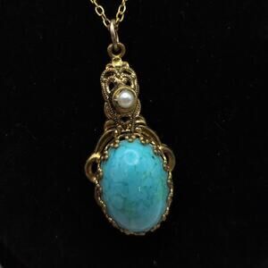 Vintage Art Blue Glass Oval Cabochon Pendant Necklace Faux Pearl Gold Tone